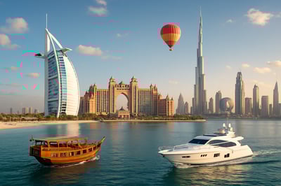 Dubai skyline with famous landmarks and luxury experiences Dubai skyline with famous landmarks and luxury experiences